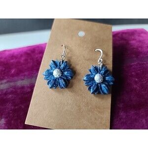 Polymer Clay Blue And Silver Floral Dangling Pierced Earrings New